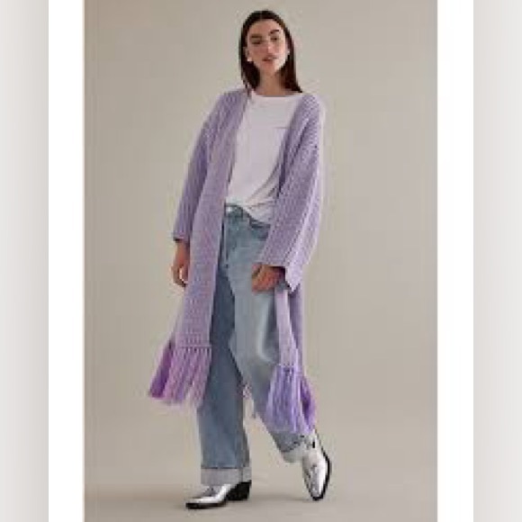 By Antropologie Multicolour Fringe Duster Kimono Cardigan One Size NWT Lavender - Picture 3 of 5